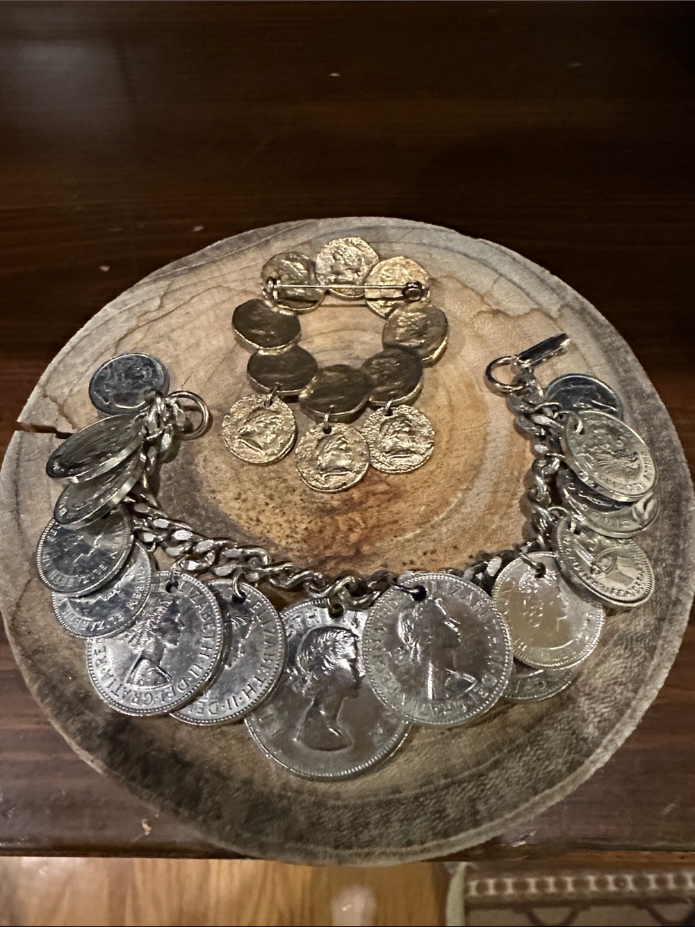 Coin Charm Necklace and Brooch Set - Silver-Tone Coin Jewelry